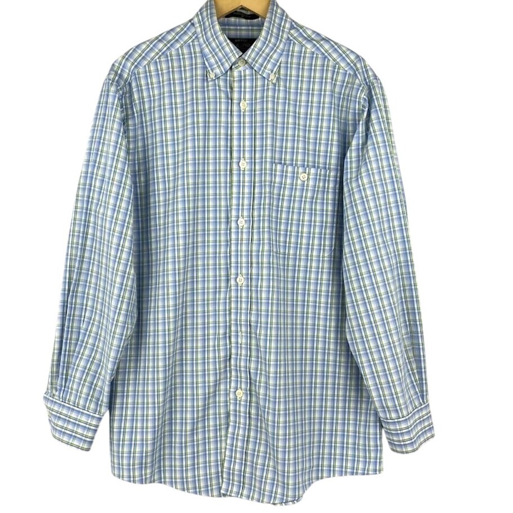 Orvis Men's Medium Button-Down Shirt Blue Green Plaid Long Sleeve Cotton Casual